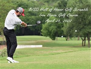 Golfer with BISD HOH Golf Scramble font
